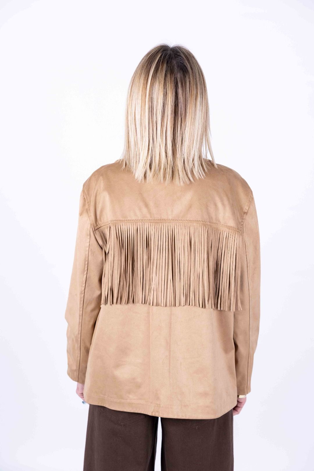 Novepuntouno - Giacca in ecodainetto con frangia