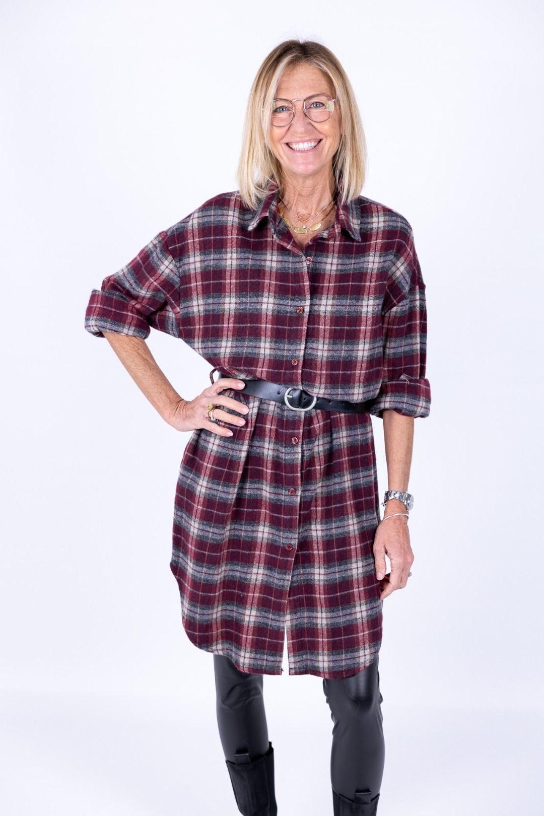 Susy Mix - Camicia quadri con cintura bordeaux