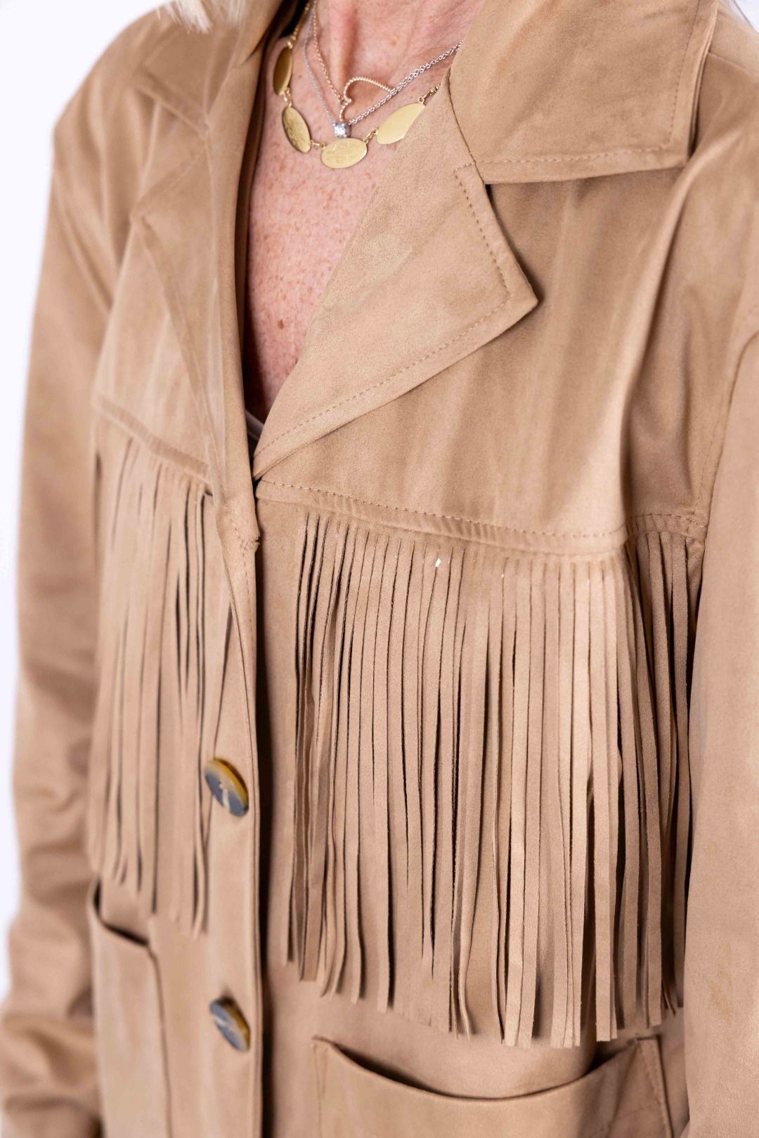 Novepuntouno - Giacca in ecodainetto con frangia