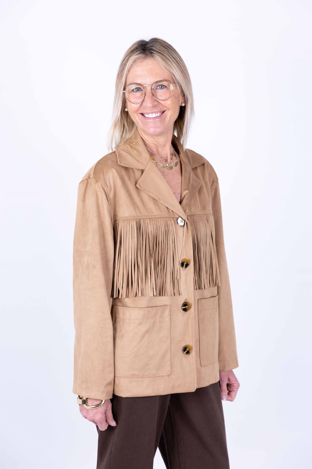 Novepuntouno - Giacca in ecodainetto con frangia