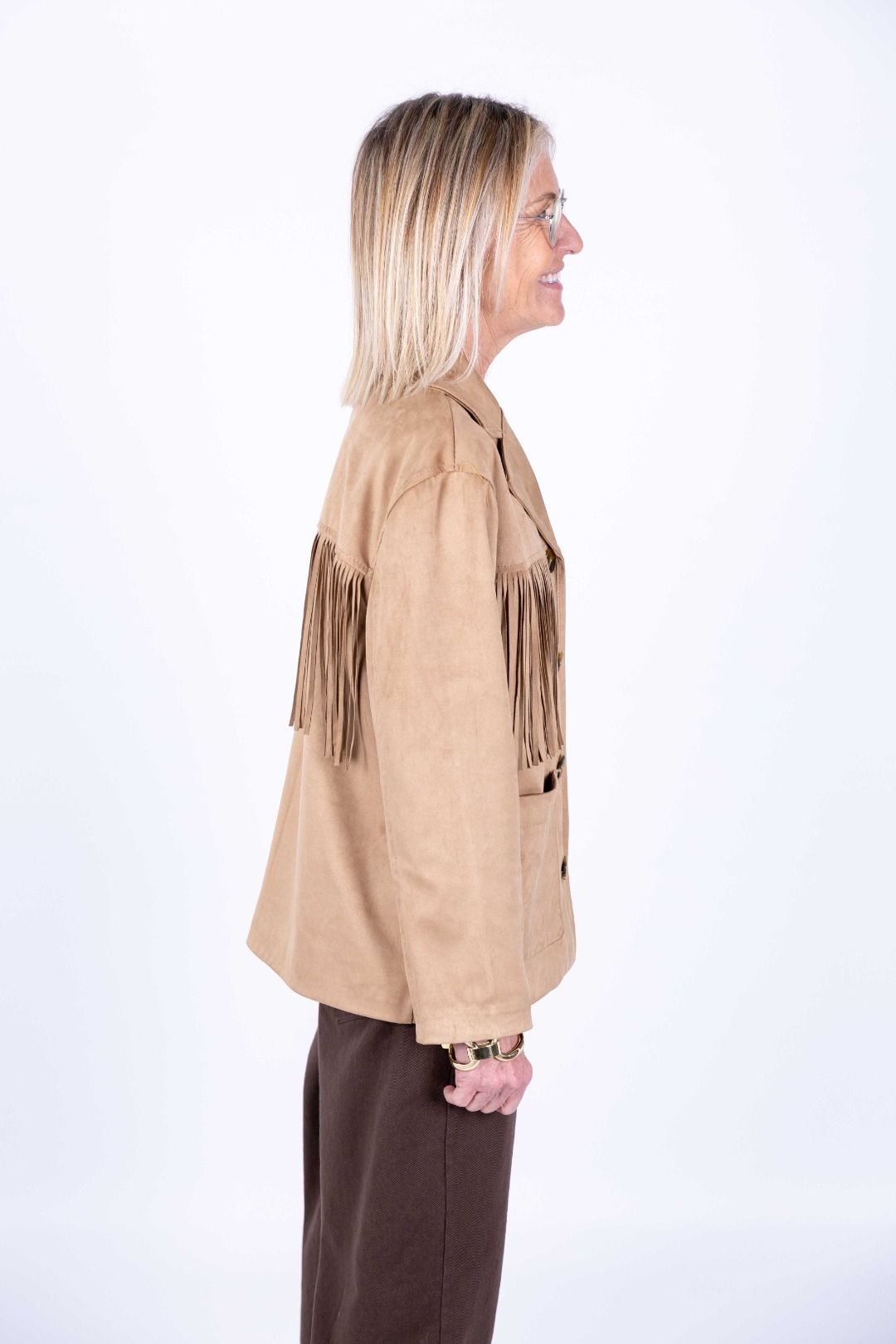 Novepuntouno - Giacca in ecodainetto con frangia