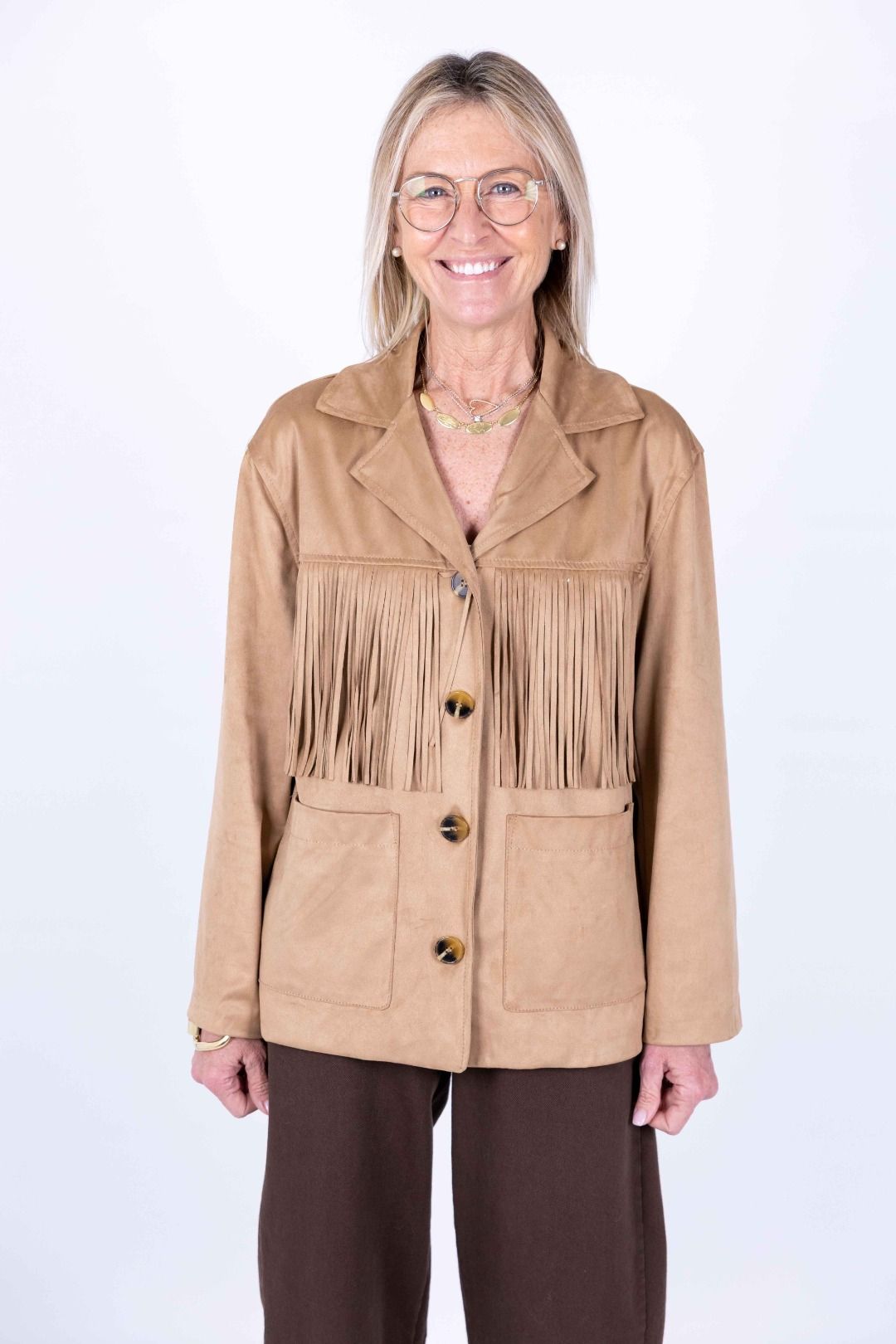 Novepuntouno - Giacca in ecodainetto con frangia